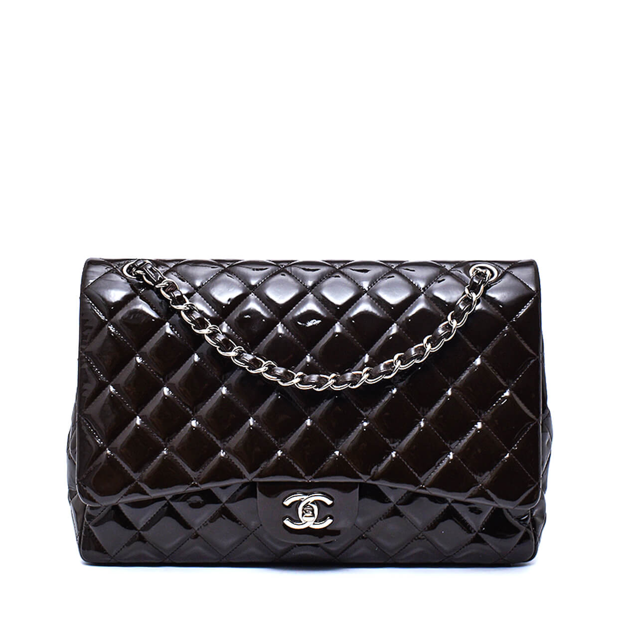 Chanel - Khaki Quilted Patent Leather Maxi Jumbo Single Flap Bag